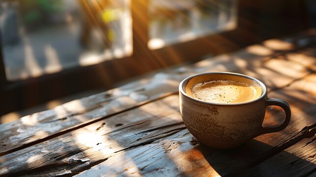 A cup of coffee on a wooden table with sunlight creating shadows and highlights on the surface area