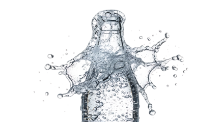 Water explodes from a glass bottle isolated on transparent background, creating a dynamic splash effect with droplets suspended in midair, showcasing the power and beauty of liquid motion in a clean, 