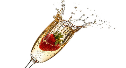 A refreshing glass of champagne with a strawberry falling into it, creating a splash of golden liquid, isolated on transparent background, perfect for celebrating special occasions and enjoying lifes  © MST ROWSHANA