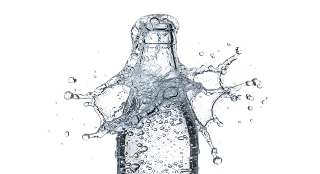 Water explodes from a glass bottle isolated on transparent background, creating a dynamic splash effect with droplets suspended in midair, showcasing the power and beauty of liquid motion in a clean, 