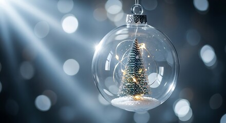 Clear glass holiday sphere contains miniature illuminated evergreen tree upon snowy base
