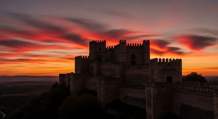 Obraz premium Majestic Castle Silhouette Against Fiery Sunset Sky.