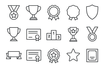 Outline icons of awards and achievements medals, trophies, certificates, and badges