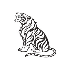 Stylized Sitting Tiger Silhouette Tribal Line Art on White Background