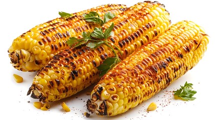 Three ears of grilled corn on the cob with parsley garnish on a white surface close up studio shot