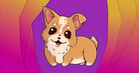 Smiling chibi corgi puppy resting on abstract gradient background, with purple pink yellow tones