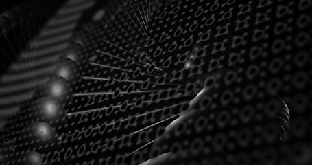 Connected network of shiny spheres and rods pulsating in data space, with binary digit overlays