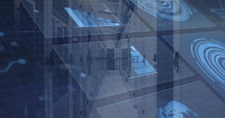 Displaying data center corridor with server racks, cabling, featuring holographic map, data visuals