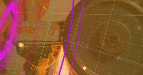 Rotating grinder wheel generating sparks on workpiece in shop, with neon HUD overlay, copy space