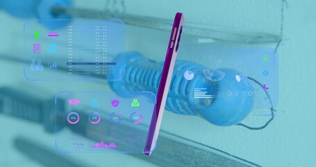 Floating purple-edged smartphone displaying data overlays in studio with coiled cable on metal hook