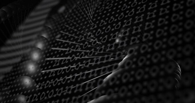 Connected network of shiny spheres and rods pulsating in data space, with binary digit overlays