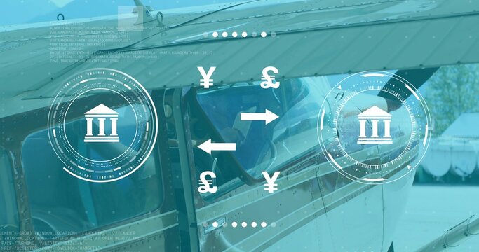 Displaying single-engine fuselage and cockpit window on tarmac with bank icons and currency symbols