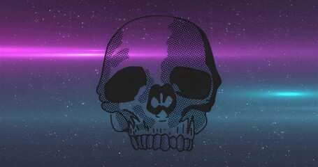 Floating stylized skull illustration drifting in cosmic background, with magenta, teal neon streaks