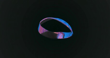 Floating abstract ribbon-like Mobius strip in black void, with reflective neon stripes