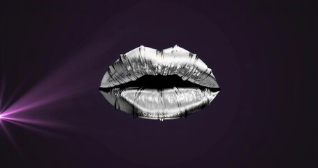 Floating metallic silver lips reflecting violet light beam against deep purple gradient