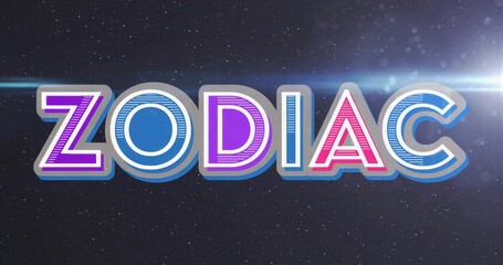 Displaying bold stylized ZODIAC lettering glowing in dark starry background, with lens flare