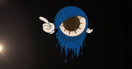 Floating blue orb featuring large eye and pointing white gloves in dark space, with light flare