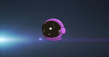 Fototapeta premium Floating purple astronaut helmet showing stars in space with lens flare and horizontal light streak
