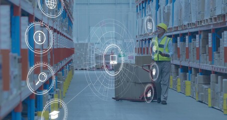 Worker wearing vest reviewing inventory on tablet by pallet jack in warehouse, AR icons, copy space
