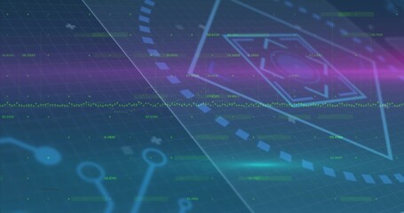 Displaying hexagonal UI glowing with dashed ring on holographic grid, neon streaks data points