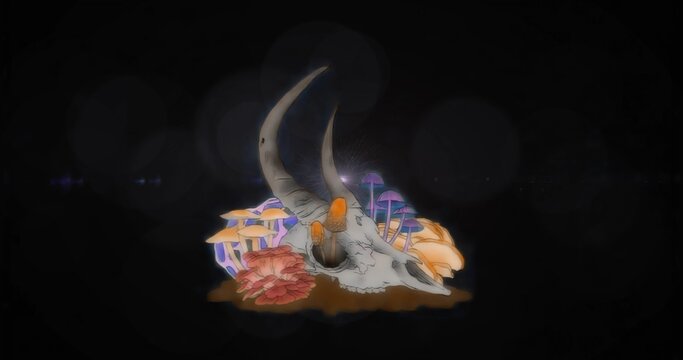 Resting skull with horns on earth in void, featuring mushrooms, coral fungus, floating lens flares