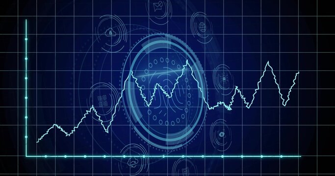 Displaying central circular HUD pulsing with white waveform on dashboard showing grid lines, icons - Powered by Adobe
