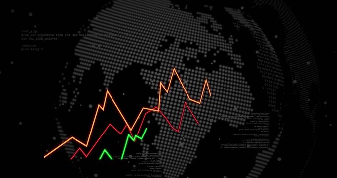 Displaying colored zigzag line graphs over dotted globe on dark data dashboard, code snippets