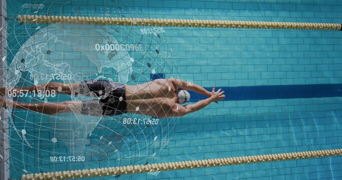 Gliding male swimmer underwater pool lane, with cap, dark blue lane marker, digital globe overlay