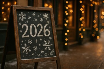 Chalkboard with 2026 and snowflakes, realistic style, festive street