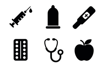 Medical and wellness icons syringe, condom, pregnancy test, pills, stethoscope, apple