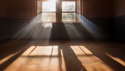 sunlight streams through a window casting sunbeams and shadows on a dusty floor