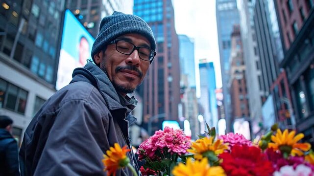 Portrait of an urban florist with a gentle smile, offering beautiful blooms amidst the dynamic backdrop of a modern metropolitan area