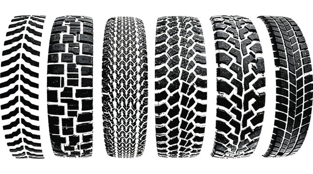 Diverse tire tread patterns isolated on white background a collection of automotive rubber designs for various vehicle types and terrains, showcasing grip and traction