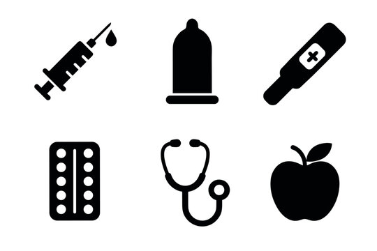Medical and wellness icons syringe, condom, pregnancy test, pills, stethoscope, apple
