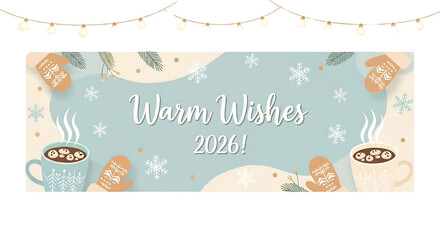 Warm wishes 2026 banner with winter mittens, snowflakes, and hot cocoa isolated on transparent background