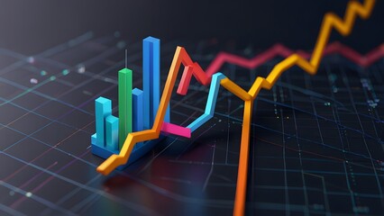 Colorful bar chart on top of black background with an arrow pointing.