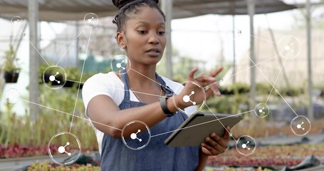 Monitoring aproned woman inspecting seedling trays with tablet under shade cloth with overlay icons