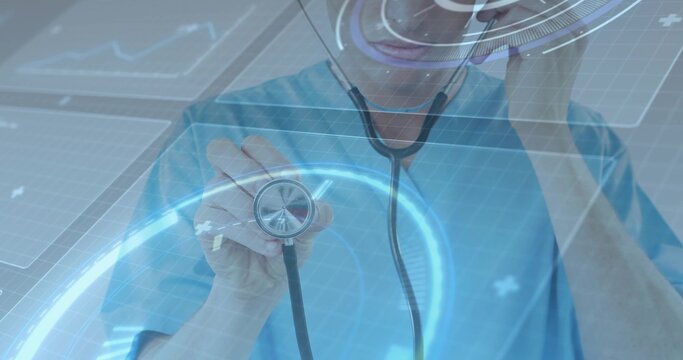 Clinician lifting stethoscope in clinical AR scene, with holographic panels and grid overlays