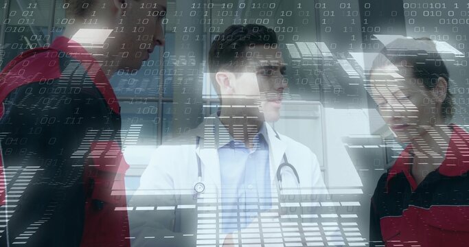 Doctor explaining digital overlays to paramedics in uniforms in hospital corridor, with stethoscope - Powered by Adobe