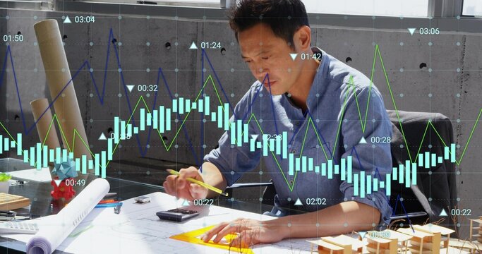 Drawing architect wearing blue shirt guiding ruler at desk, with rolled blueprints, data overlay