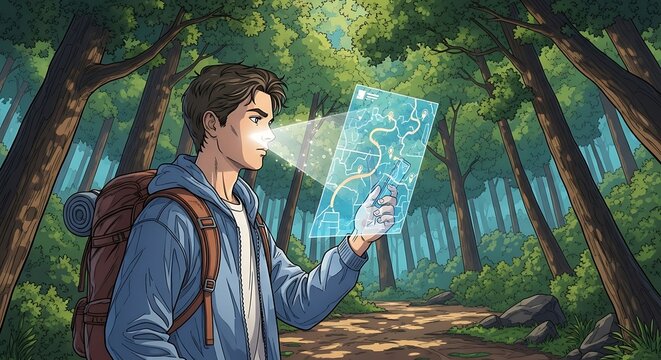Hiker Navigating Forest with Augmented Reality Map Technology.