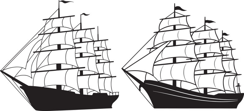 Silhouette set of Sailing Ships and Pirate Ships vector illustrator