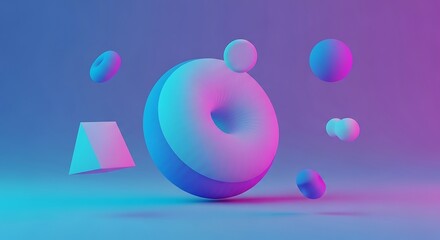 Floating geometric shapes display vibrant neon gradient illumination in a minimal setting