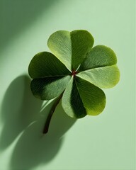 Vibrant Green Four-Leaf Clover Against a Light Green Background with Hard Shadow