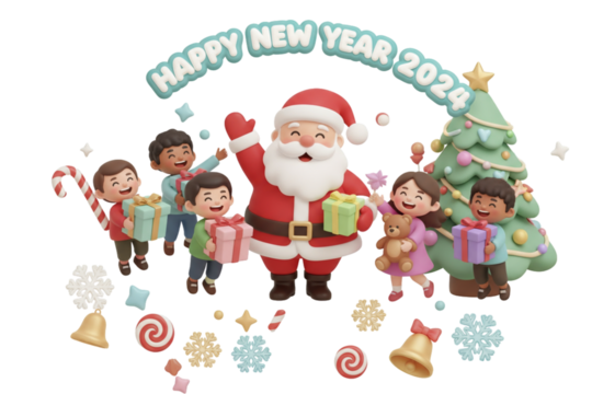 Cute 3D Cartoon Christmas Icon Pack with Santa Claus and Happy Kids, isolated on transparent background.png