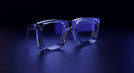 Transparent eyeglass frames rest upon a reflective surface illuminated with deep blue light