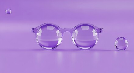 Transparent optical eyewear rests on a monochromatic lavender surface with floating liquid spheres