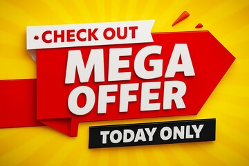 Fototapeta premium Bright red arrow sign announcing a mega offer and sale today only on a vibrant yellow background