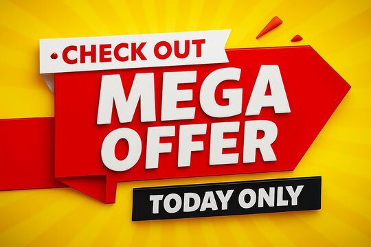 Bright red arrow sign announcing a mega offer and sale today only on a vibrant yellow background - Powered by Adobe
