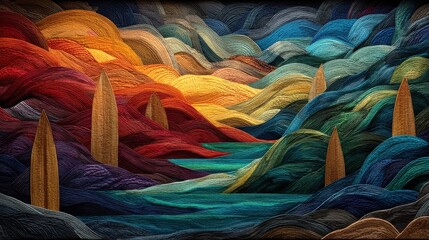 Textile Wave Dimension: Undulating quilted waves made of patchwork fabric rippling through abstract space with giant needles as pillars
